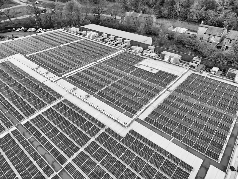 Solar panels on the roofs of industrial buildings