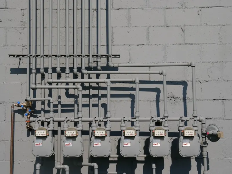 A row of gas meters and pipework on a concrete wall